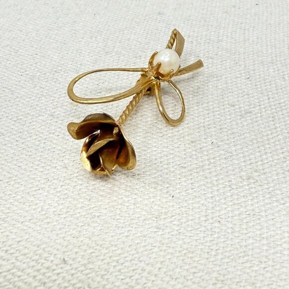 Vintage Rose Flower Brooch Gold-Tone Bow Dainty Minimal Imitation Pearl Retro - Picture 2 of 8